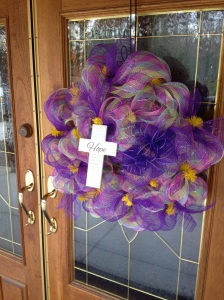 The front door of the church, no doubt adorned for Lent.
