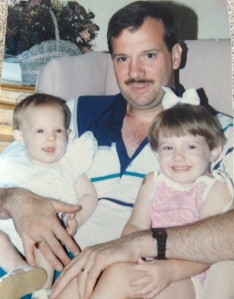 Guessing this was taken during the summer of 1991.  Elissa (L) and Kelliann with their proud father (me).